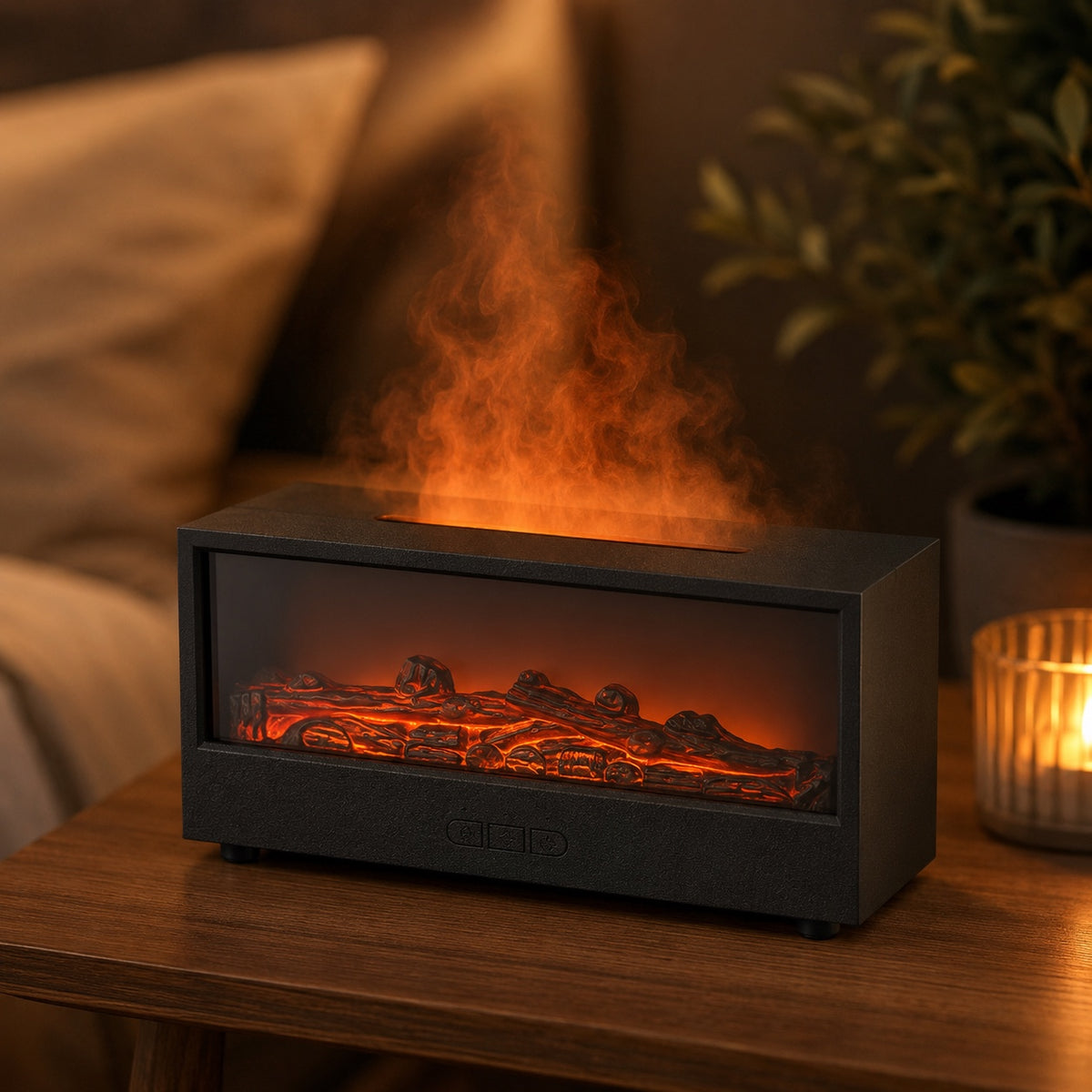 Diffuseur Flamevia effet flamme dans un salon moderne